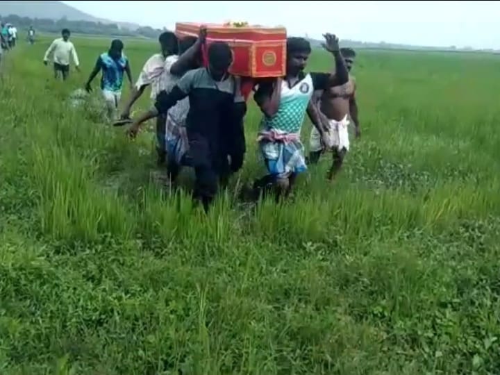 ஸ்ரீவைகுண்டம் அருகே  சடலத்தை வயல்வெளியில் ஒரு கி.மீ., சுமந்து செல்லும் மக்கள்