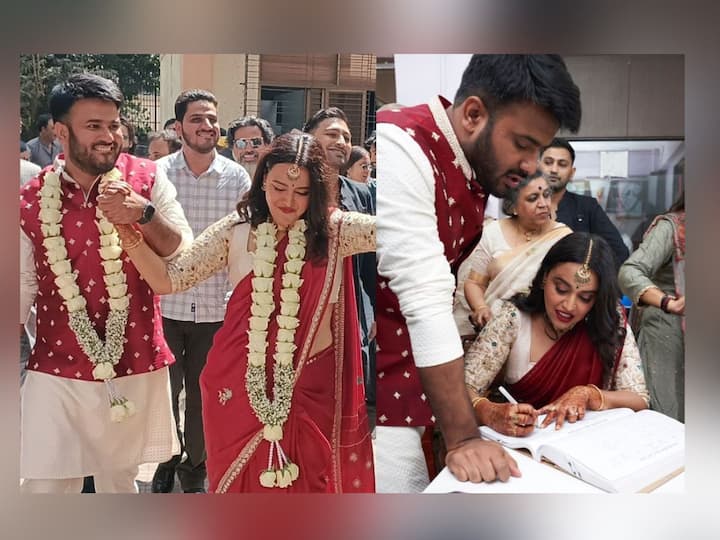 swara bhasker share photo with Fahad Ahmad say Three cheers for the Special Marriage Act Swara Bhasker: स्वरानं 'स्पेशल मॅरेज अॅक्ट'च्या अंतर्गत केलं लग्न; पोस्ट शेअर करत म्हणाली, 'आईचे दागिने आणि साडी...'