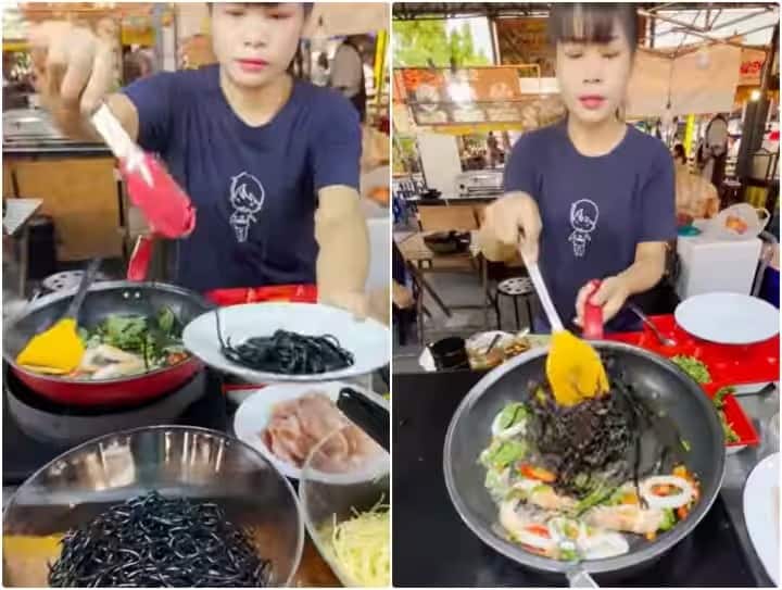 woman making black colour noodles street food goes viral on social media marathi news Video : काळ्या रंगाचे नूडल्स पाहिलेत का? व्हिडीओ पाहून नेटकऱ्यांनी महिलेची उडवली खिल्ली, म्हणाले...