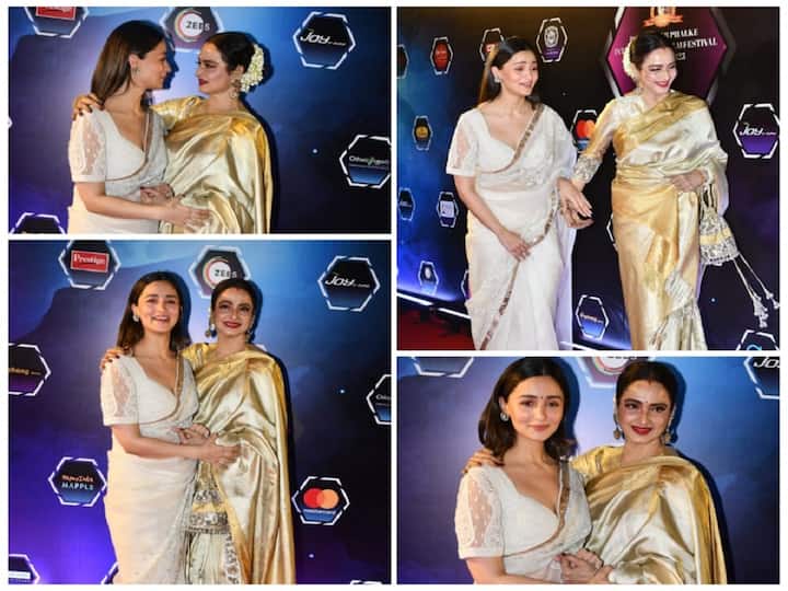 While posing for the paparazzi at the Dadasaheb Phalke International Film Festival Awards 2023, veteran actress Rekha and Alia Bhatt chatted. Take a look at the photos!