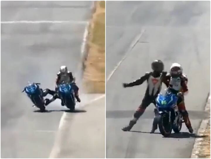 Accident happened during bike race and two riders clashed with each other Video: बाइक रेस में एक राइडर ने ऐसे बचाई दूसरे की जान, मगर बचने के बाद बचाने वाले को ही पीटा