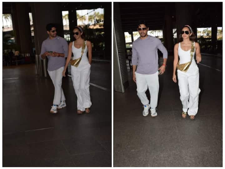 Sidharth Malhotra and Kiara Advani, the newlywed couple, were sighted at the Mumbai airport on Tuesday, and the Shershaah duo looked stunning! (Image Source: Manav Manglani)