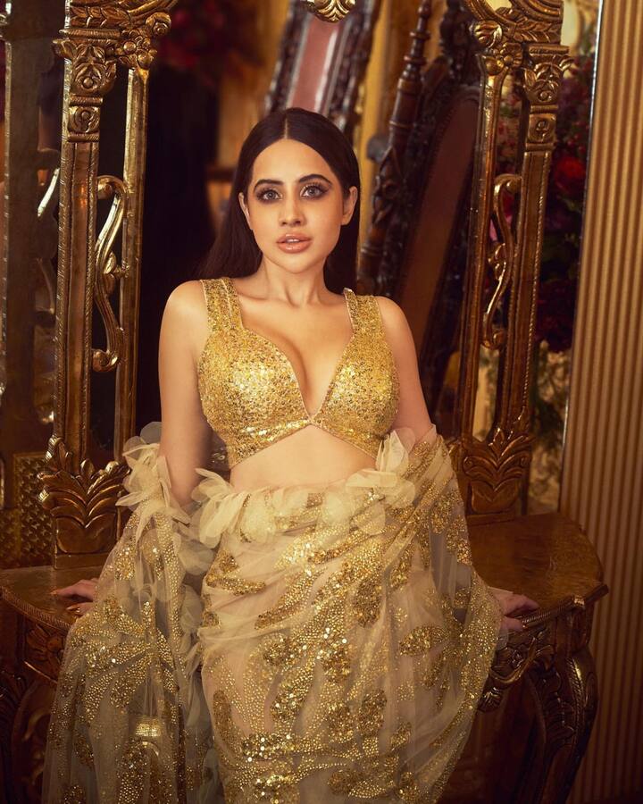 उर्फी जावेद की साड़ी के बॉर्डर पर फ्लावर की डिटेलिंग भी देखी जा रही थी और इसमें सिल्वर और गोल्ड में स्पार्कलिंग क्रिस्टल भी नजर आए. इसी के साथ एक्ट्रेस के ब्लाउज का भी रुख काफी खूबसूरत था और डीप नैक भी नजर आया. (Photos- Instagram)