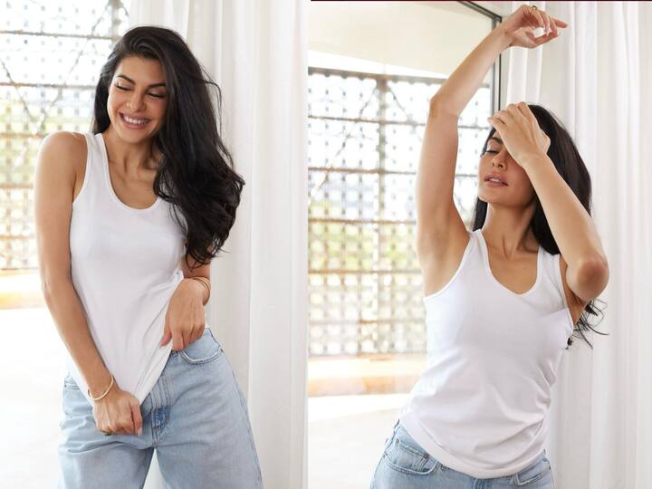 After a mint-coloured gown, Jacqueline Fernandez slays a casual look by wearing denim pants and a tank top. Here are the pictures.