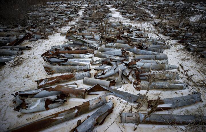 A picture showing missile remnants collected and piled up by the State Emergency Service of Ukraine in Kharkiv after Russian air strikes. With Putin not stopping even after the West's sanctions and aid to Ukraine, the end seems far away. (Image Credit: Getty Images)