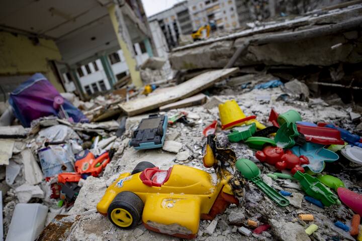 Toys lay on rubble after being left by the children who had to leave their homes due to the Russia-Ukraine in Kharkiv. After around 7 months of the war on September 6, Ukrainian forces launch an unexpected counteroffensive in the northeastern Kharkiv region, prompting Russia to retreat from broad areas held for months. (Image Credit: Getty Images)