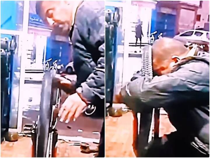 Video: गजब का दिमाग लगाया भाई... एक ही बार में ठीक कर दिया साइकिल का टेढ़ा पहिया man is seen using his head to fix a wheel of a bicycle in a shop viral video Video: गजब का दिमाग लगाया भाई... एक ही बार में ठीक कर दिया साइकिल का टेढ़ा पहिया