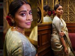 Shriya Saran Looks Elegant In Grey And Gold Saree. See Pics