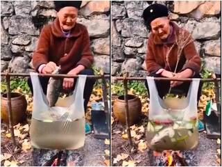 प्लास्टिक के थैले में मछली पका रही बूढ़ी अम्मा, Video देख कन्फ्यूज हुए यूजर