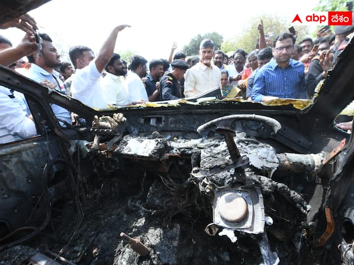 TDP chief Chandrababu inspected destroyed Telugu Desam Party office and burnt vehicles in Gannavaram clashes టైం చెప్పి పోలీసులను పక్కన పెట్టి రండి, తేల్చుకుందాం- వైసీపీకి చంద్రబాబు సవాల్