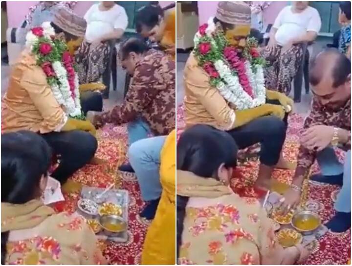 person sitting in front of groom suddenly fell down and died during haldi ceremony Video: दूल्हे को खुशी खुशी हल्दी लगा रहा था शख्स, तभी नीचे गिरा और हो गई मौत...डरा देगा ये वीडियो