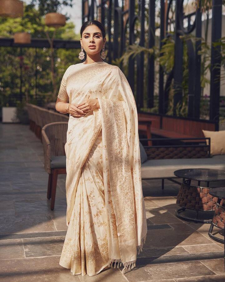 గోధుమ రంగు చీరలో ఆకట్టుకుంటోంది. Photo Credit: Samyuktha/Instagram