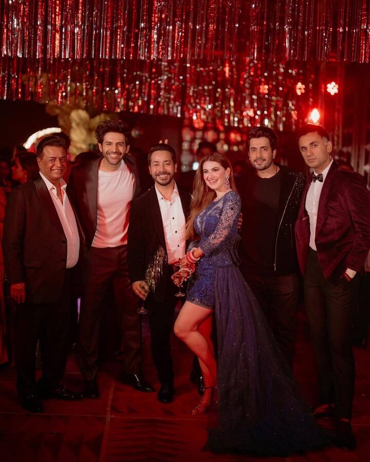 Kartik Aaryan, Sunny Singh and Nushrrat Bharuccha were all smiles as they posed with the newlyweds