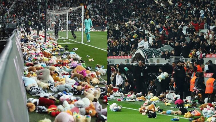 Besiktas-Antalyaspor match saw unique scene as thousands of stuffed toys thrown into the field by fans Turkish Super Lig: ফুটবল মাঠে পুতুল বৃষ্টি, ভূমিকম্পবিধ্বস্ত তুরস্কে শিশুদের মুখে হাসি ফোটাতে অভিনব উদ্যোগ