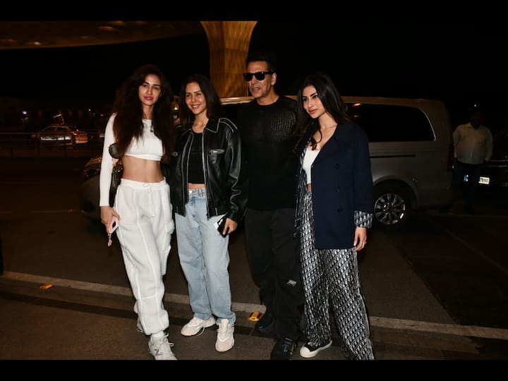 Akshay Kumar, Mouni Roy, Disha Patani, and Sonam Bajwa were seen at the Mumbai Airport on their way to the US for 'The Entertainers' tour.