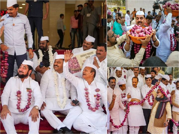 Nationalist Congress Party (NCP) MLAs arrived at the Maharashtra Vidhan Sabha on Tuesday wearing onion garlands and holding onions on their heads, seeking a fair price for onions as prices fell.