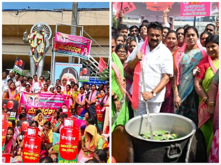 Telangana's ruling Bharat Rashtra Samithi (BRS) staged protests across the state on Thursday against the hike in prices of commercial and domestic LPG cylinders.