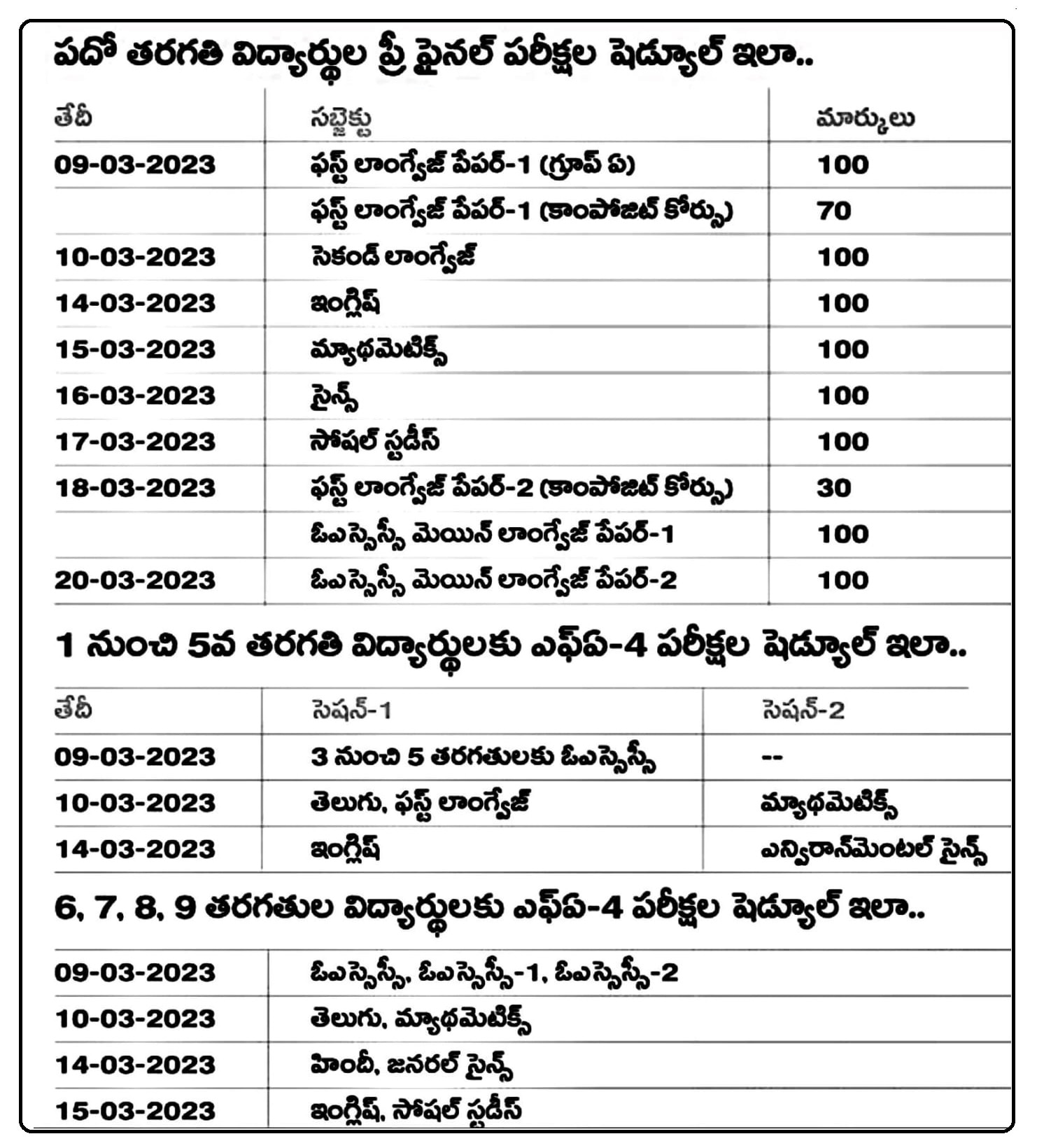 Tenth Pre Final Exams: పదోతరగతి 'ప్రీ ఫైనల్‌' పరీక్షల షెడ్యూలు విడుదల! ఇతర తరగతులకు 'ఎఫ్ఏ-4' పరీక్షలు ఎప్పుడంటే?