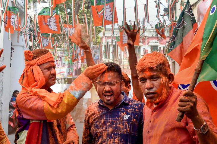 With a clear majority in Tripura, a sizeable stake in Nagaland, and the ability to exert influence in Meghalaya, the BJP has won a sizable triumph in Thursday's Northeastern election. Workers for the BJP celebrate their victory in the Tripura and Nagaland Assembly elections in the photo. (Source: PTI)