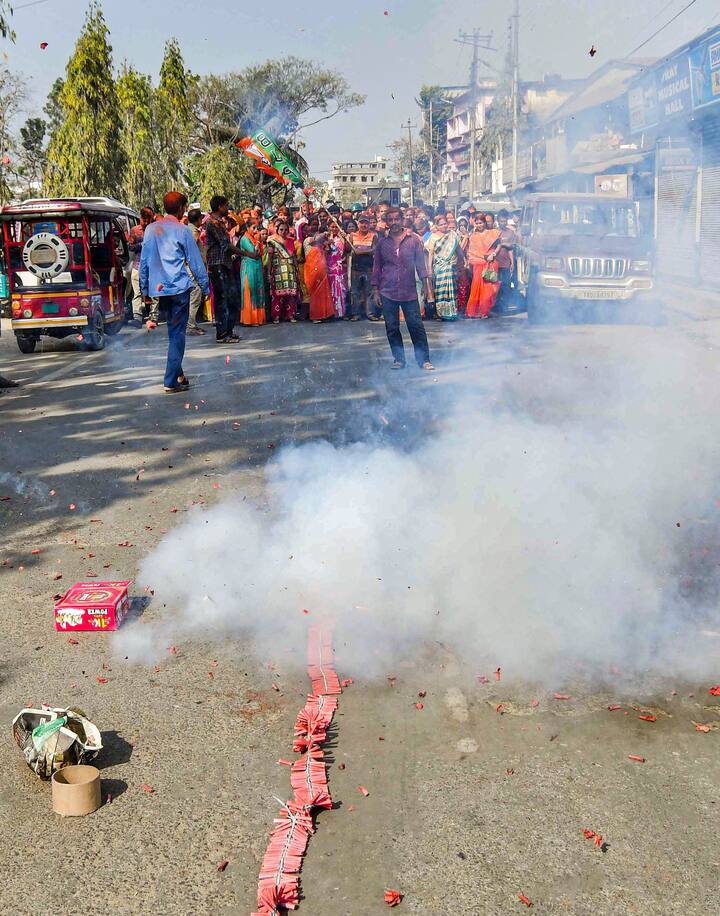 As the BJP wins the Tripura elections, celebrations got on in the Agartala headquarters on Thursday. While the party workers celebrated the success of the party in the state election, several prominent figures, including Chief Minister Manik Saha, Rajya Sabha member and former CM Biplab Deb, and party spokesperson Sambit Patra, were present. (Source: PTI)