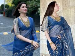 Tamannah Bhatia Exudes Royalty In Blue Organza Saree. See Pics