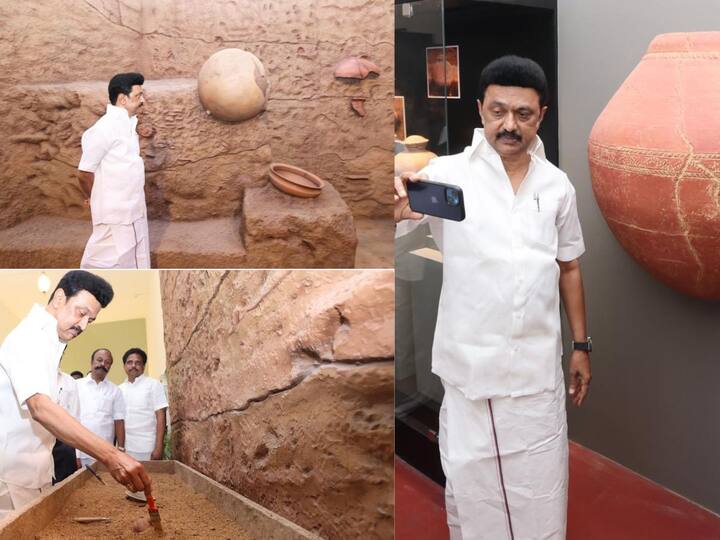 Stalin Keeladi Visit: தமிழக முதல்வர் மு.க.ஸ்டாலின், கீழடி அருங்காட்சியகத்தை திறந்து வைத்ததை தொடர்ந்து அங்குள்ள சங்க கால பொருட்களை பார்வையிட்டு அவற்றுடன் செல்ஃபி எடுத்துக்கொண்டார்.