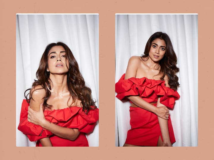 Shriya Saran is all set for the release of her most-awaited film 'Kabzaa'. Currently, she is busy promoting her film and was seen in a red outfit. Here are the pictures.