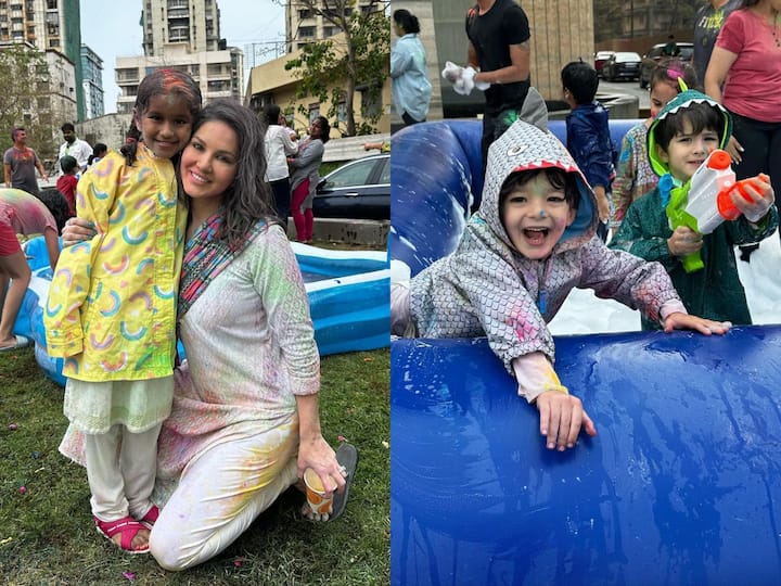 Sunny Leone shared pictures of herself and her family celebrating Holi. The entire family wore white as they posed for pictures. Check out Sunny Leone's Holi pics.