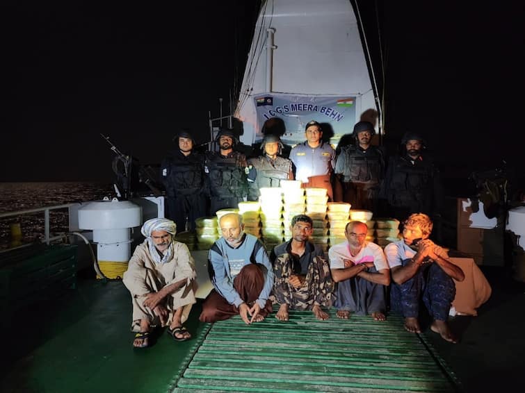 Gujarat Coast Guard apprehends Iranian boat drugs Rs 425 cr Indian navy Arabian Sea ATS ICG okha Iranian Boat Carrying Drugs Worth Rs 425 Crore Seized Along Gujarat Coast, Five Arrested