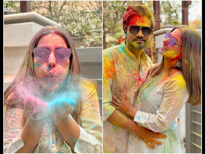 Actress Hina Khan smeared herself with colours of joy as she celebrated Holi the 'Yeh Jawani Hai Deewani' style with bae Rocky Jaiswal.