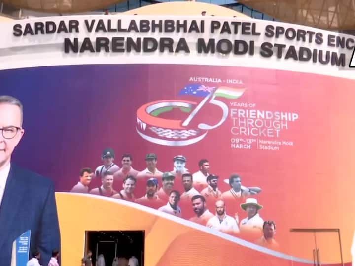 Board with a photo of Australian PM Anthony Albanese at the Narendra Modi Stadium, in Ahmedabad. Albanese will land at Ahmedabad airport on Tuesday evening and head straight towards the Sabarmati Ashram. (Source: ANI)