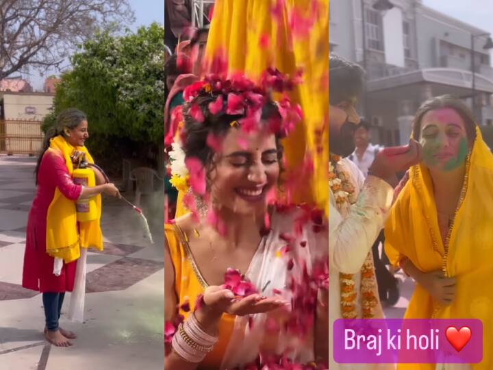 Bhojpuri Actress Akshara Singh celebrates holi in vrindavan see her holi celebration photos or videos Holi 2023:  बांके बिहारी के धाम पर Akshara Singh ने खेली होली, रंग गुलाल के साथ एक्ट्रेस पर हुई फूलों की बारिश