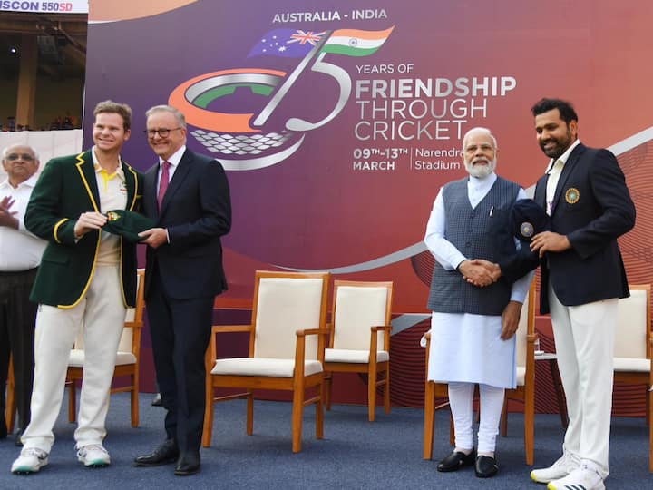 Prime Minister Narendra Modi and Australian Prime Minister Anthony Albanese with Indian captain Rohit Sharma and Australian captain Steve Smith before the start of the fourth test cricket match between India and Australia, at Narendra Modi stadium in Ahmedabad. Gujarat Chief Minister Bhupendra Patel was also present on the occasion.