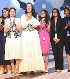 Neha Dhupia Walks The Ramp As The Show Stopper For INIFD Launchpad At The Lakme Fashion Week. See Pics
