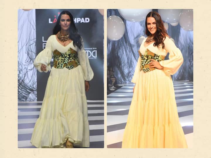Celebrities strolled down the runway for various designers on Day 1 of Lakme Fashion Week, which was held in collaboration with the Fashion Design Council of India and Neha Dhupia was also among them.