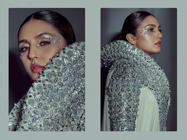 Huma Qureshi often shares snippets from her photoshoots on her social media handles, and recently, she was seen posing in a heavily embellished slit gown.