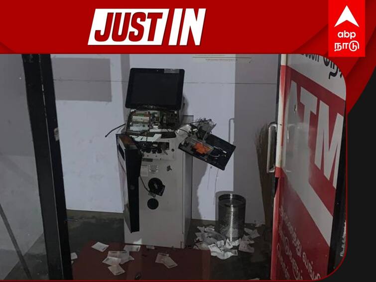 kanchipuram, Attempted robbery at a private ATM center operating in Thimmarajam Pettai area near Walajabad by breaking the ATM machine காஞ்சிபுரம் : கடப்பாரையால் அடித்து ATM-இல் கொள்ளை முயற்சி.. போலீஸார் ரோந்து வந்தபோது நடந்த பரபரப்பு