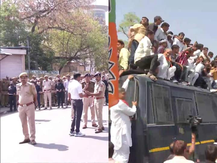 Here is a look at BJP demonstration in Jaipur over protests and demands raised by widows Of Jawans martyred in the 2019 Pulwama attack.