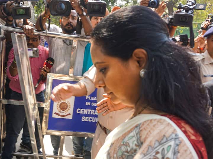 BRS MLC K Kavitha arrives at the Enforcement Directorate (ED) office in connection with the Delhi excise policy case, in New Delhi, Saturday, March 11, 2023. (Source: PTI)