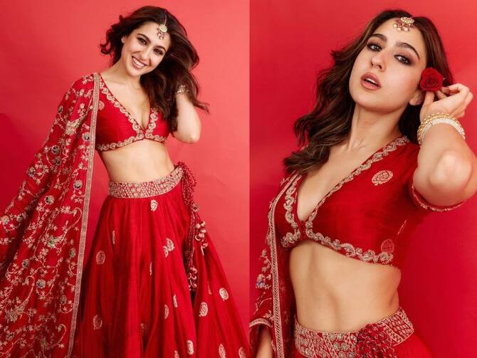 Sara Ali Khan Stunning Look In Red Lehenga You Can Also Recreate In The  Function | Sara Ali Khan Photos: सारा अली खान का रेड लहंगे में स्टनिंग लुक,  फंक्शन में आप