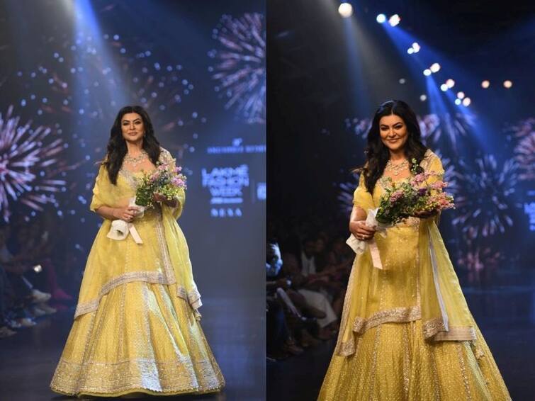 Sushmita Sen walks ramp at Lakme Fashion Week after recovering from heart attack, fans say 'She is celebration of life' Lakme Fashion Week: હાર્ટ એટેક પછી પહેલીવાર દેખાઈ સુષ્મિતા સેન,લેકમે ફેશન વીકમાં લાગી અદભૂત