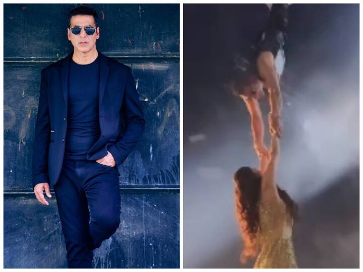 Akshay Kumar Mouni Roy aerial act during a live performance in Orlando watch video Akshay Kumar ने लाइव शो में किया ऐसा स्टंट, Mouni Roy की निकल गई चींख! वीडियो देख फटी रह जाएंगी आंखें