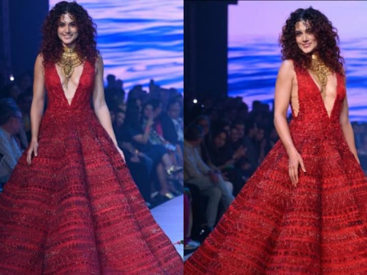 At the Lakme Fashion Week in partnership with FDCI, Taapsee Pannu turned show stopper in a beautiful red gown.