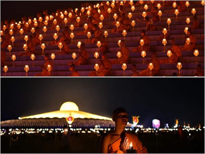 The Thai temple in Pathum Thani was illuminated by 100,000 lit candles. On Makha Bucha Day, this was done to honour Lord Buddha.