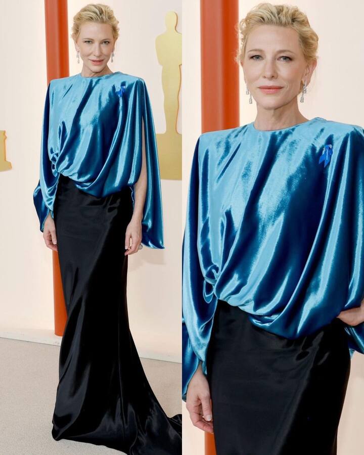 Cate Blanchett wore a blue top paired with a black skirt from the fashion house Louis Vuitton.