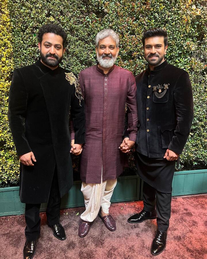 Actor Ram Charan rocked an all-black outfit at the 95th Annual Academy Awards. The global star wore the Indian label, Shantanu & Nikhil, with immense honor. Styled by Nikita Jaisinghani, the suave Ram Charan wore a sharp bandh-gala for the awards. While 'RRR' director SS Rajamouli opted for a mauve kurta paired with beige dhoti. The 'RRR' team kept up with their Indian heritage as they walked the Red Carpet.