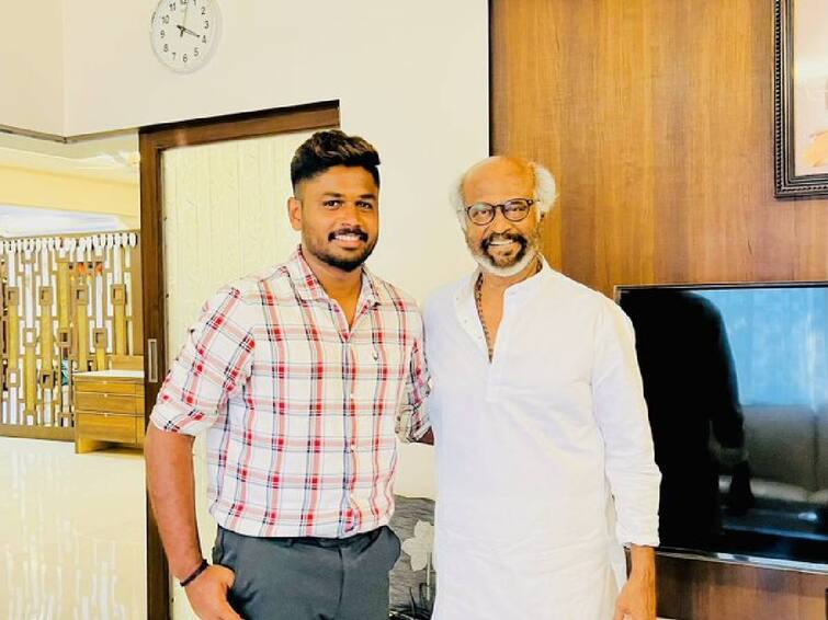 Indian cricketer Sanju Samson shared a photo of him meeting actor Rajinikanth at his residence on Twitter. 