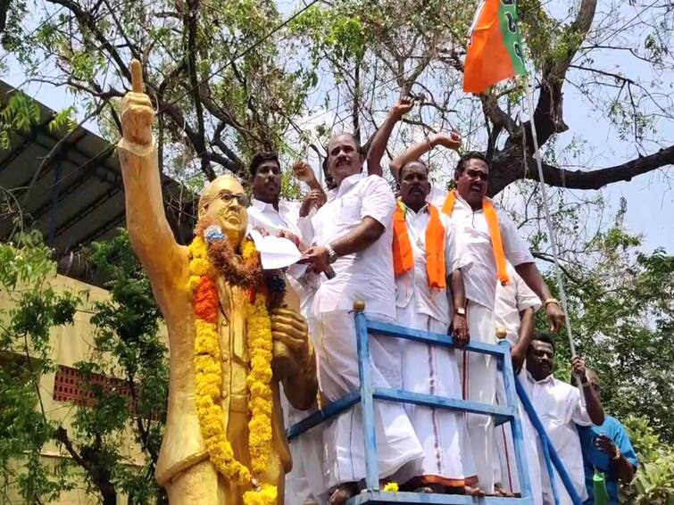 case registered in Mayiladuthurai against the BJP people who petitioned the Ambedkar statue TNN மயிலாடுதுறை: அம்பேத்கர் சிலையிடம் மனு கொடுத்த பாஜகவினர் மீது  வழக்கு பதிவு