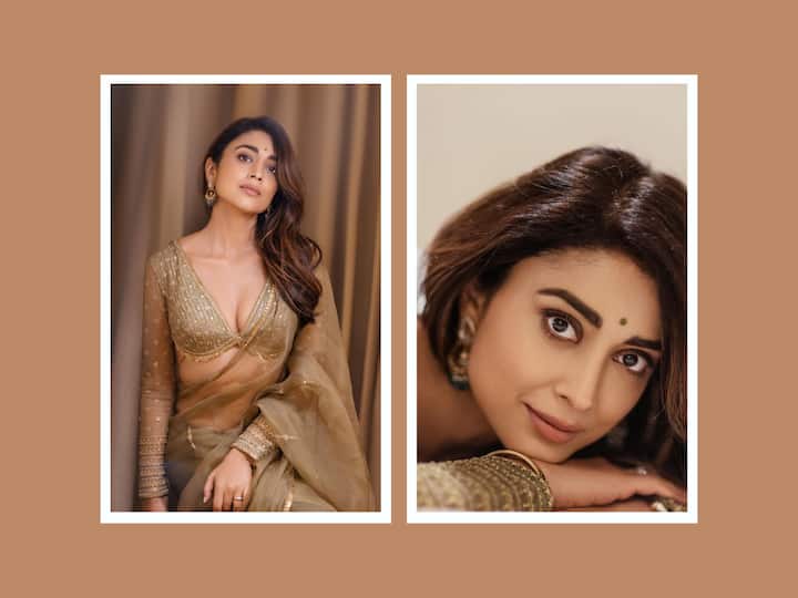Shriya Saran is all set for the release of her movie 'Kabzaa'. Amidst the movie promotions, she dropped a couple of pictures in an elegant golden saree.