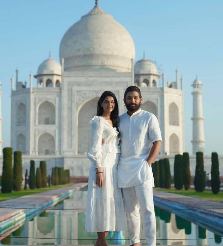 This picture of Allu Arjun looks twice as iconic because he is dressed in a White kurta Pajama as he poses at the Taj Mahal. He looks extremely appealing in white.